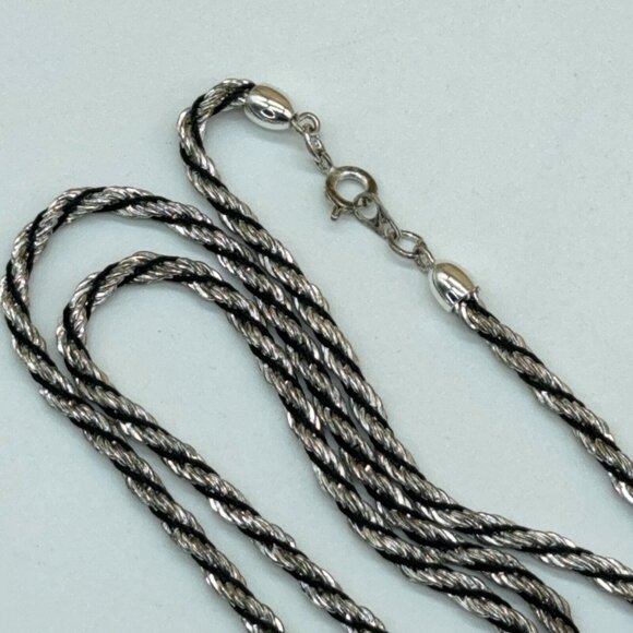 Puffy Heart Necklace Silver Tone Open Work Scroll Design Black Silver Rope Chain - Picture 5 of 8